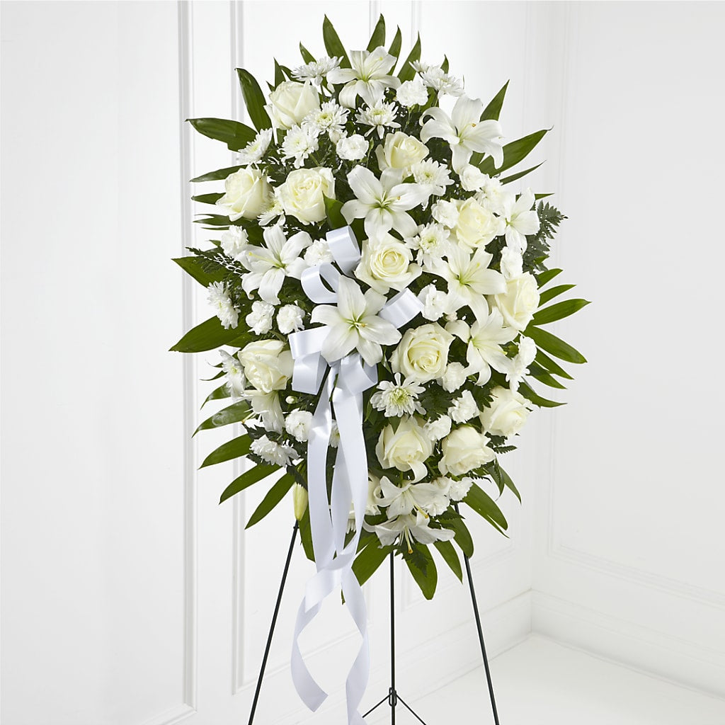 Exquisite Tribute Standing Spray-White Ribbon – Grayson Florist And Gifts, Independence VA